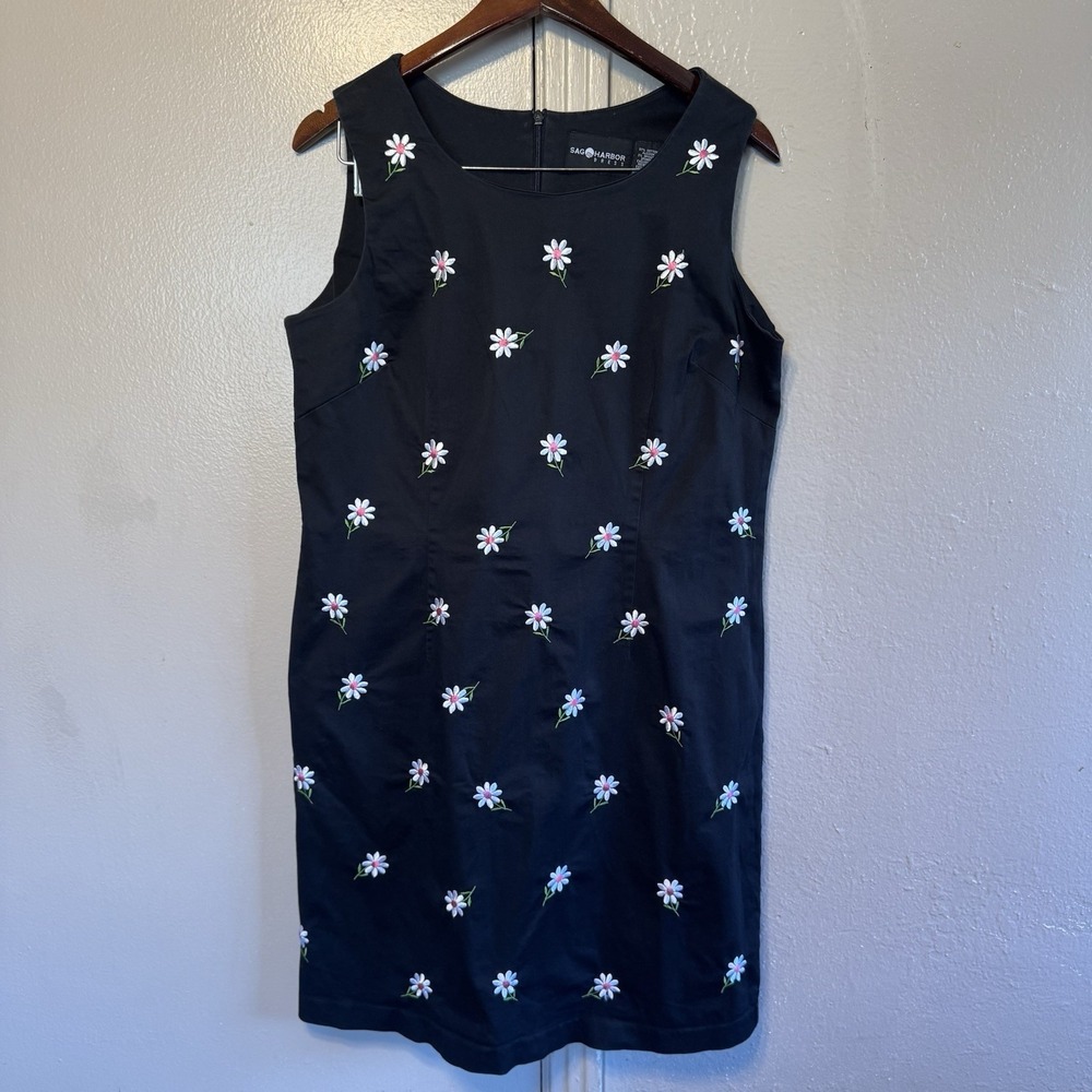 Springcore Womens 16 Dress Black Embroidered Daisies Mini Sheath Dress